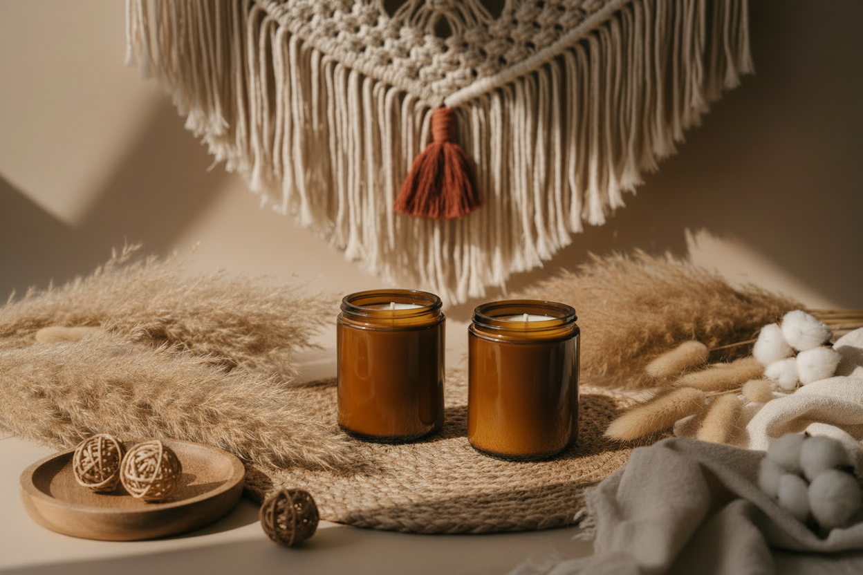 Boho theme with two unlabeled amber jar candles