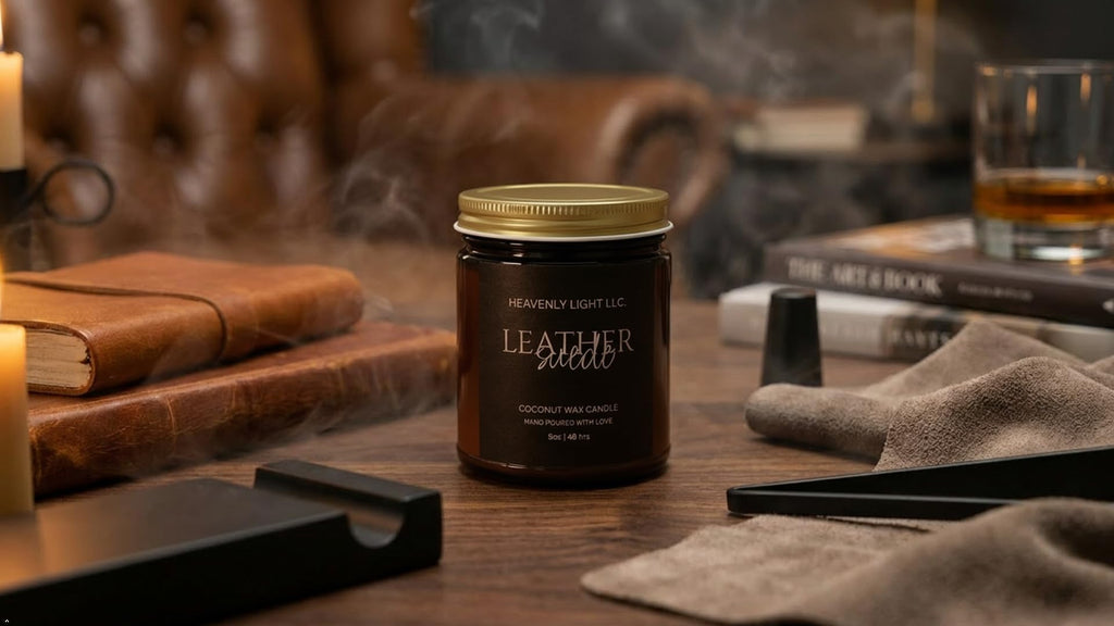 Leather Suede Coconut Wax Candle – 9oz Amber Jar