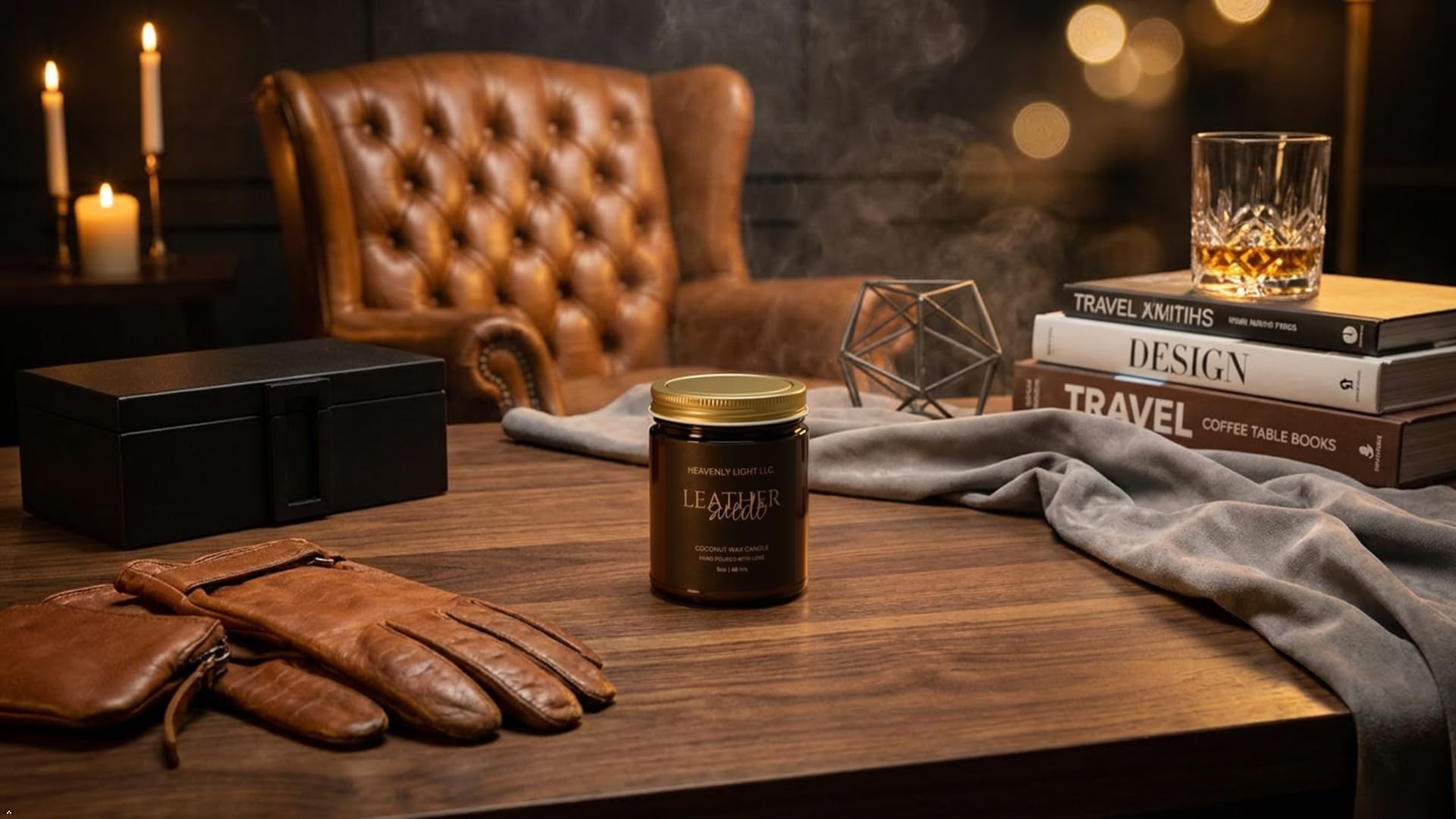 Leather Suede Coconut Wax Candle – 9oz Amber Jar