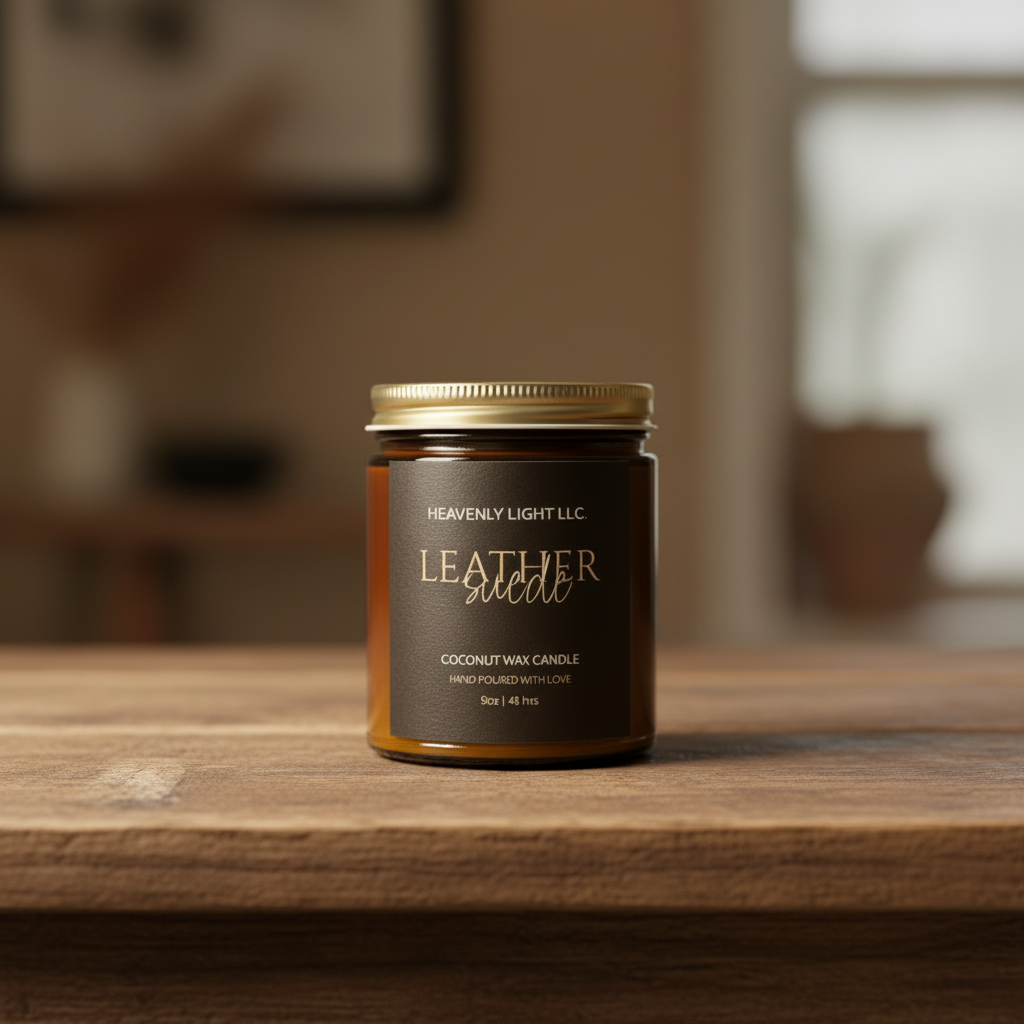 Leather Suede Coconut Wax Candle – 9oz Amber Jar